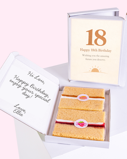 Minimalist 18th birthday cake card with elegant design and mini cake slices in gift box