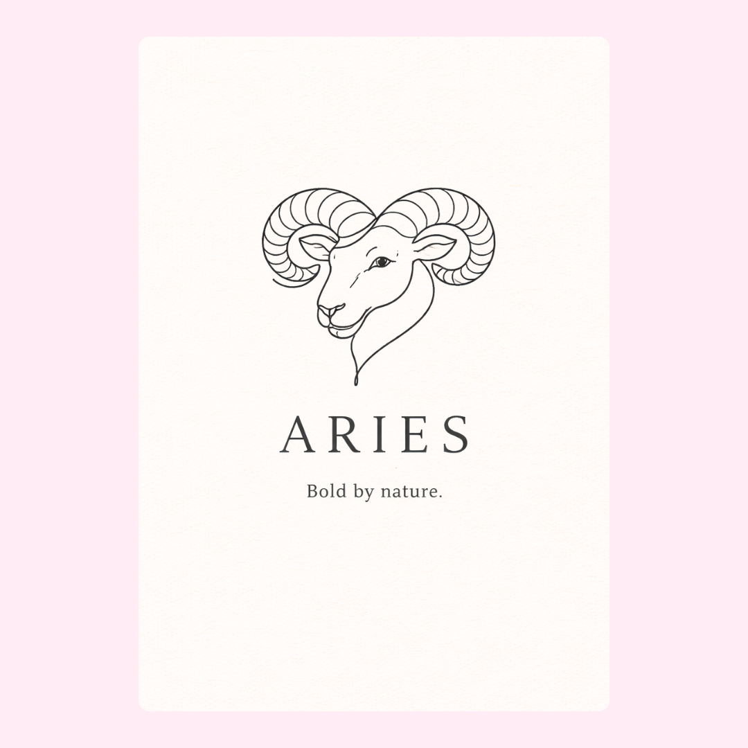 Simple Aries zodiac card with monochrome ram drawing and minimalist astrology inspired design