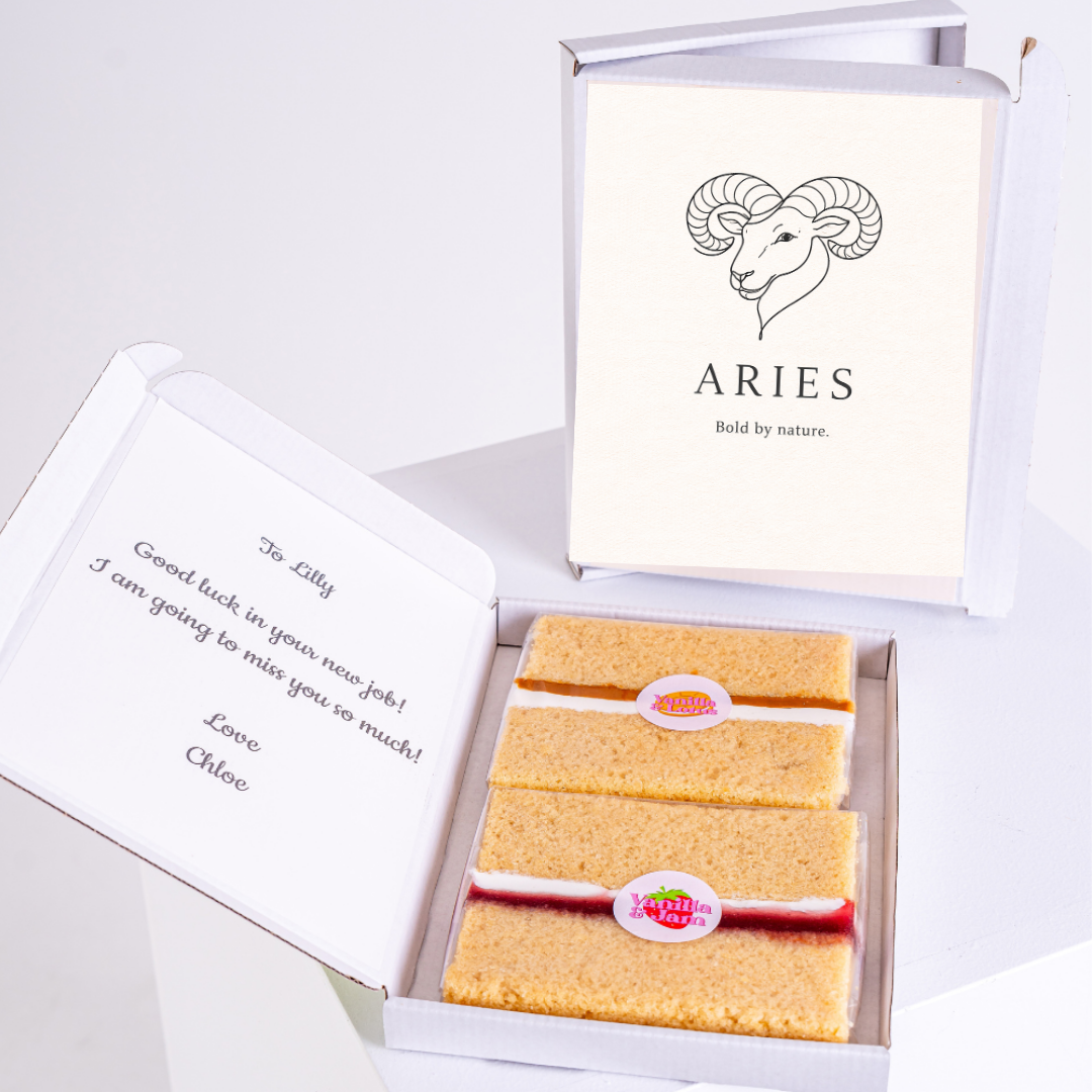 Minimalist Aries birthday cake gift box with elegant ram illustration and bold by nature quote
