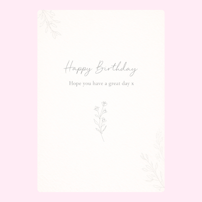minimalist happy birthday card with soft floral line design