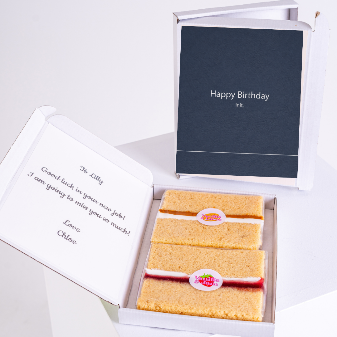 Minimalist blue birthday card with cake slices gift box