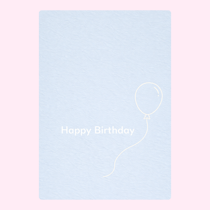 simple happy birthday card design with soft blue background and minimal balloon illustration