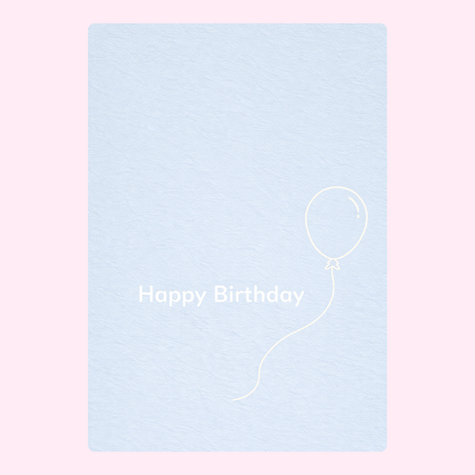 simple happy birthday card design with soft blue background and minimal balloon illustration