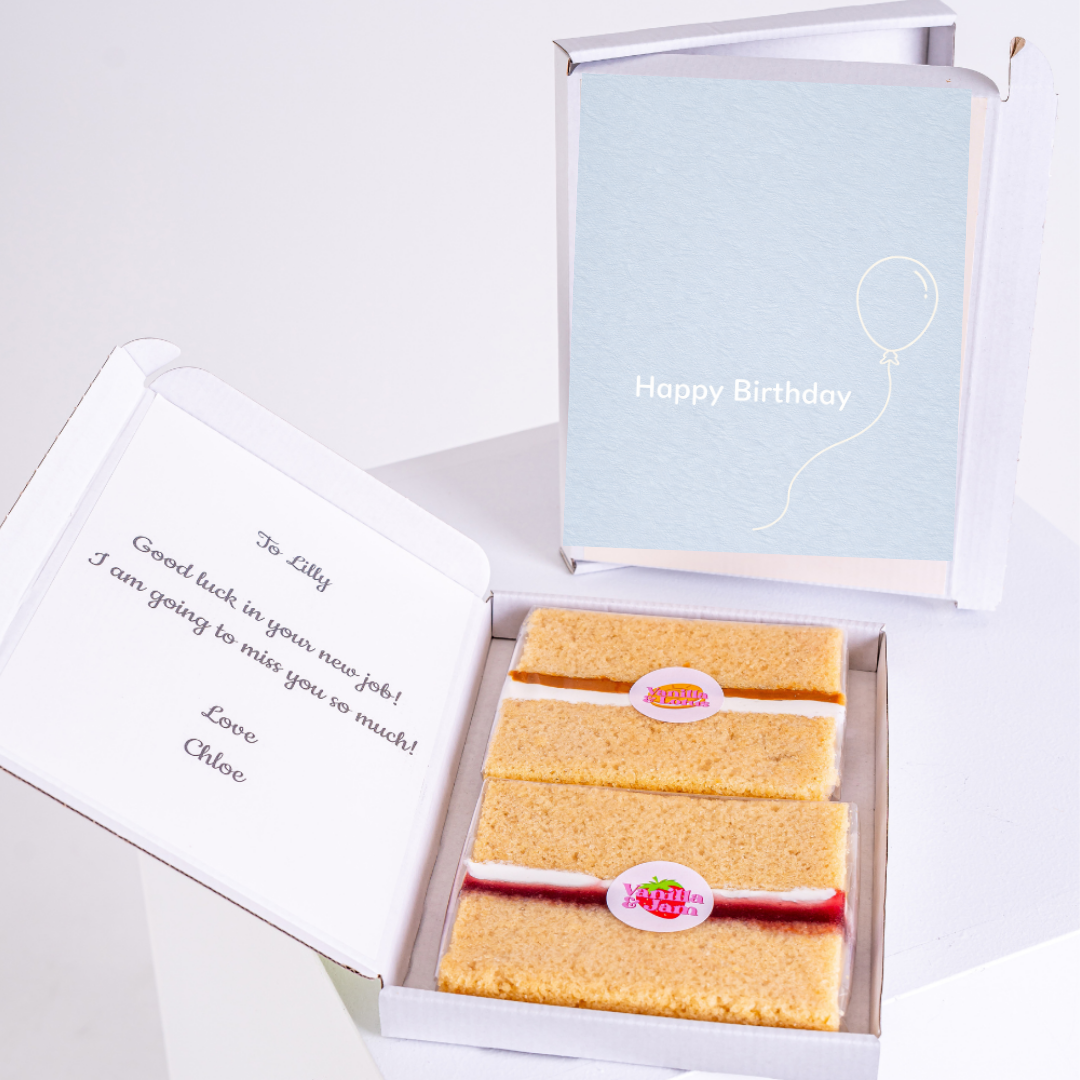 minimalist happy birthday cake card with balloon design and vanilla sponge slices letterbox gift UK