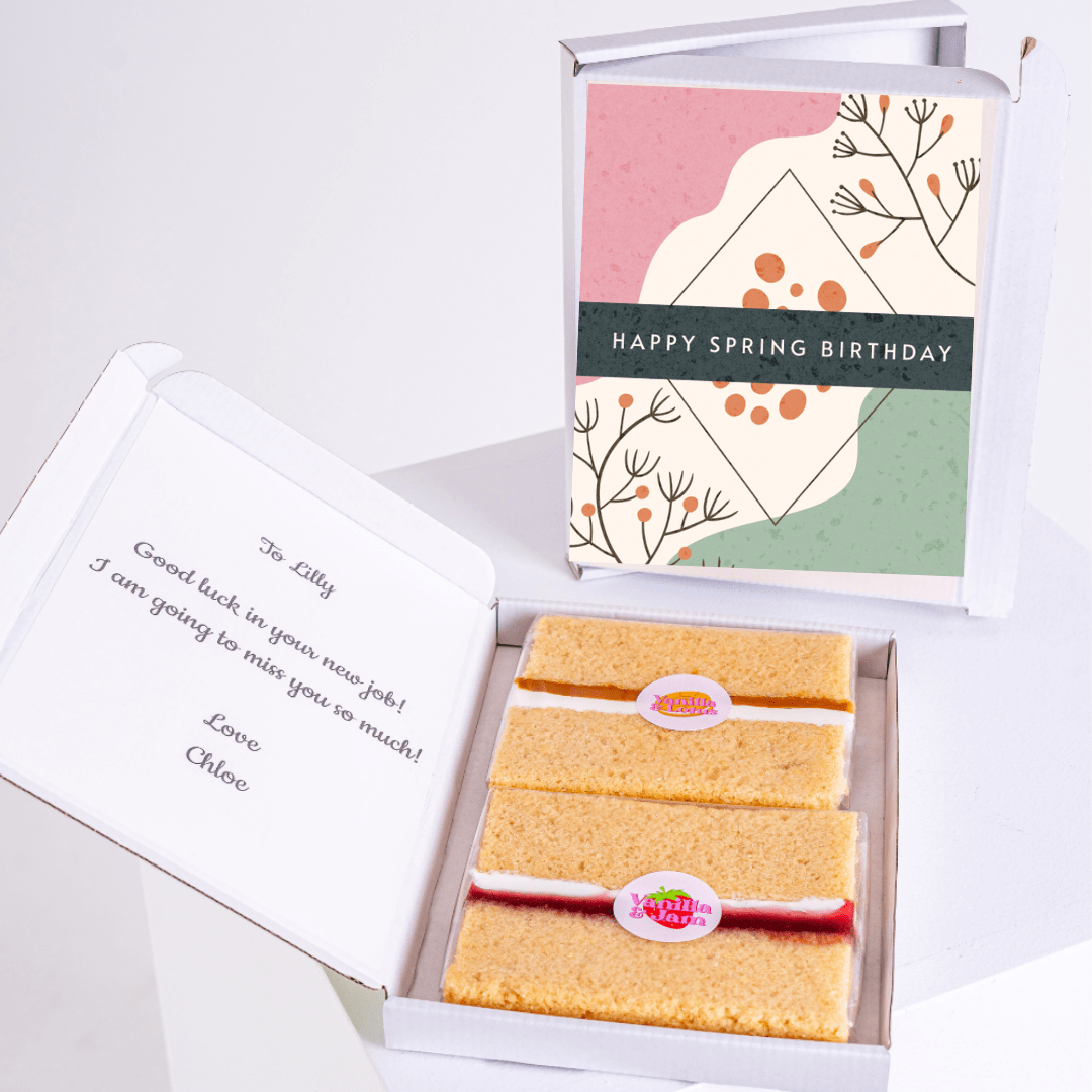 Modern Happy Spring Birthday cake gift box with pastel abstract design and botanical branch illustration