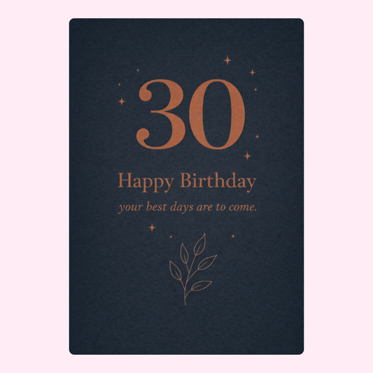 navy 30th birthday card with elegant minimalist design