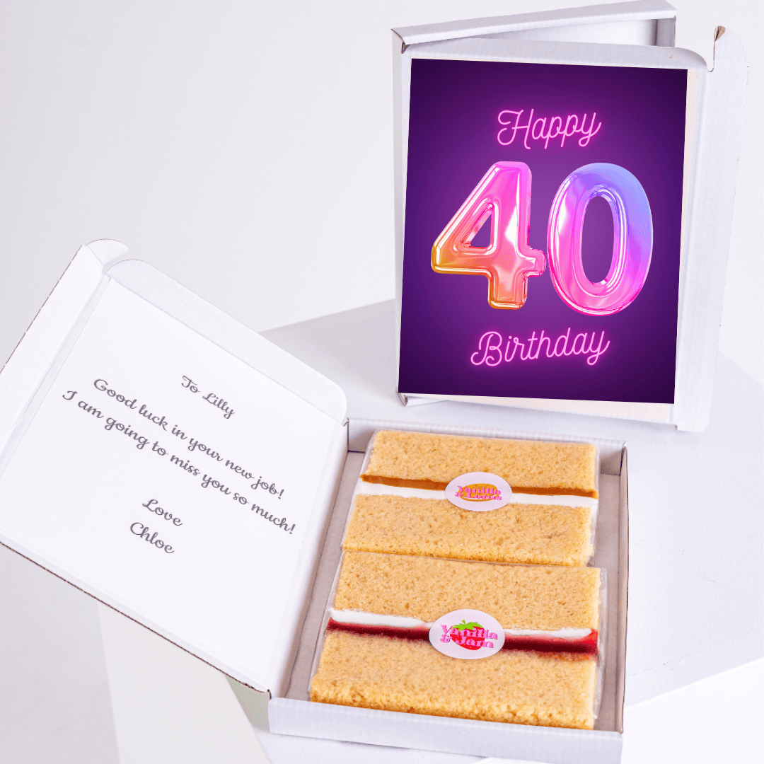 neon style 40th birthday cake card with glowing purple background and colorful number design