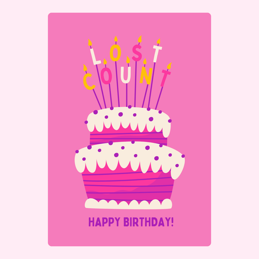 "Lost count" birthday cake card with candles and happy birthday message