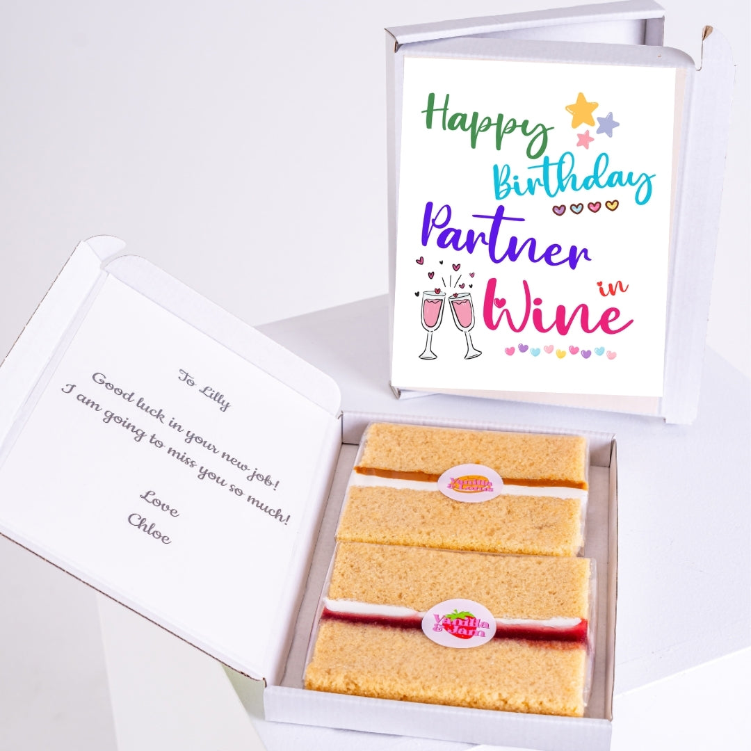 Birthday cake gift box for partner in wine with colorful typography design