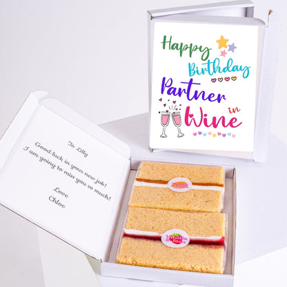 Birthday cake gift box for partner in wine with colorful typography design