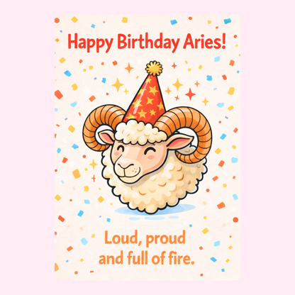 Cute Aries birthday card with party hat ram illustration and colourful confetti design
