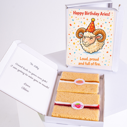 Birthday Aries cake gift box with cute ram illustration, confetti background and fun zodiac message