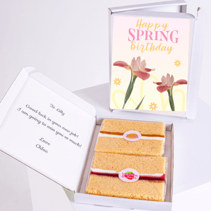 Pastel spring birthday cake gift box with pink iris flowers and elegant Happy Spring Birthday design