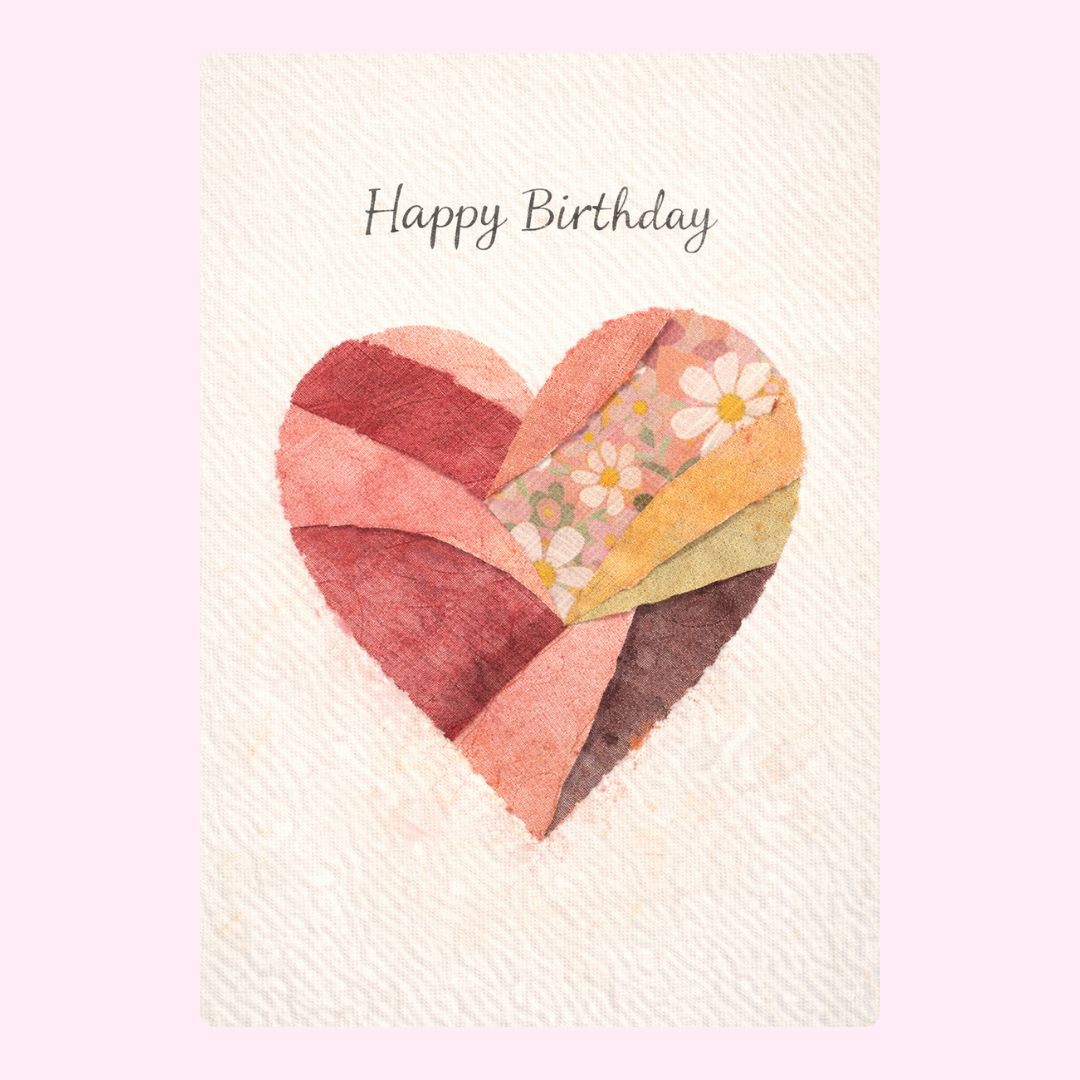Happy birthday card with patchwork heart illustration