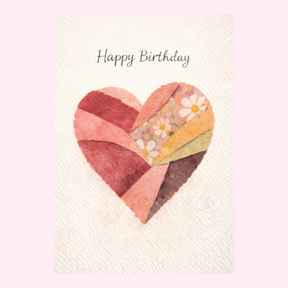 Happy birthday card with patchwork heart illustration