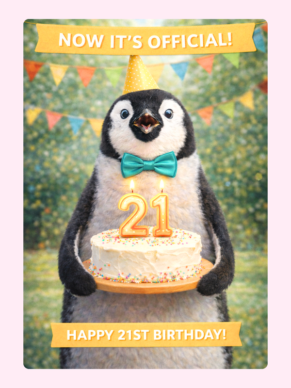 penguin holding cake 21st birthday card