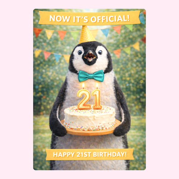 penguin holding cake 21st birthday card