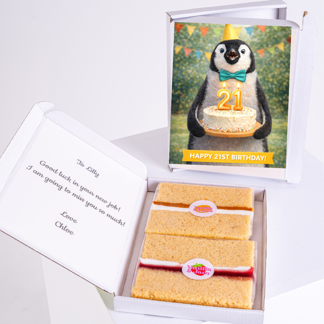 penguin 21st birthday cake card with sponge cake