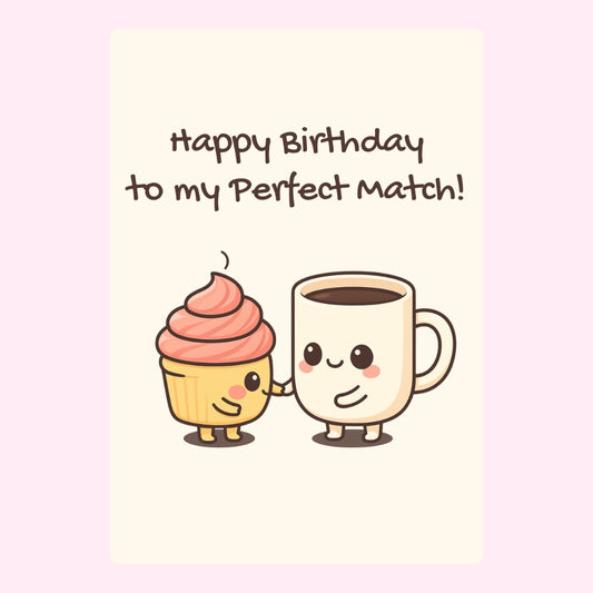 Cute birthday cake card with cupcake and coffee mug perfect match illustration