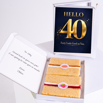 personalised 40th birthday cake card gift box with navy and gold design and sponge cake slices