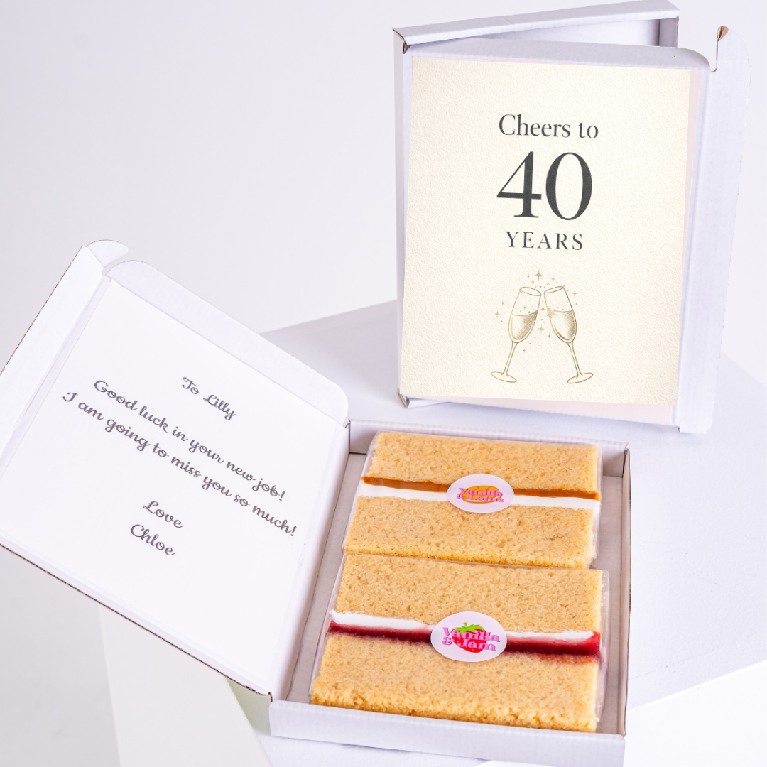 personalised 40th birthday cake card gift box with message and sponge cake slices