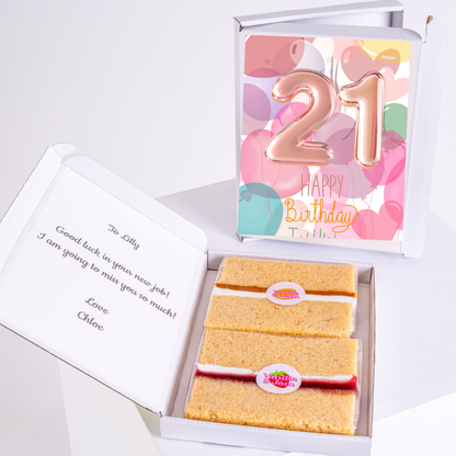 pink 21st birthday cake card with sponge cake