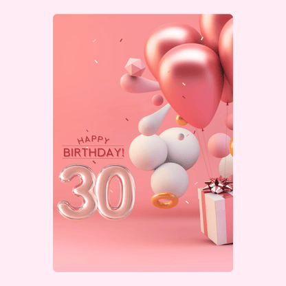 pink 30th birthday card with balloons and gift design