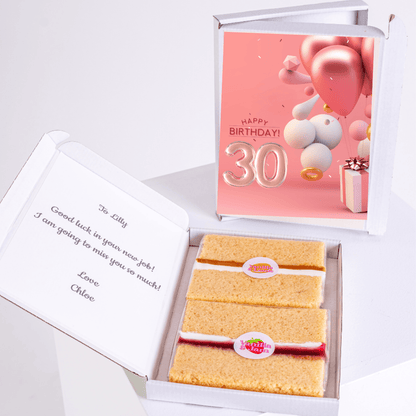 pink 30th birthday cake card with balloons and sponge cake