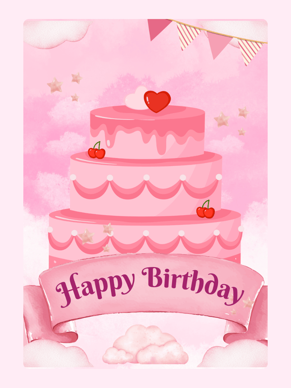 pink layered birthday cake illustration with happy birthday banner