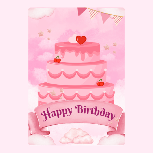 pink layered birthday cake illustration with happy birthday banner