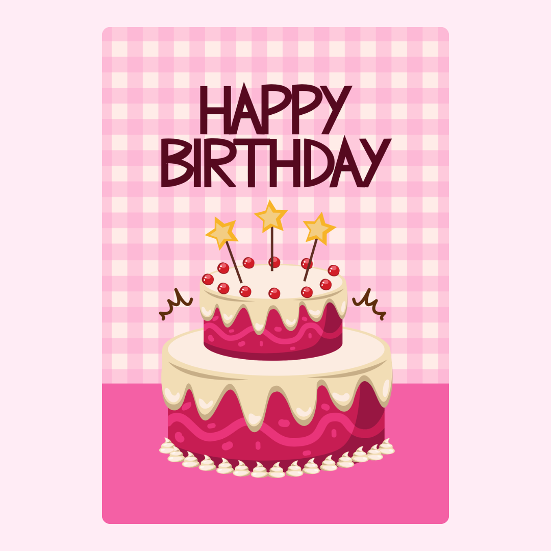 Pink birthday card with a two-layer cake and stars on top