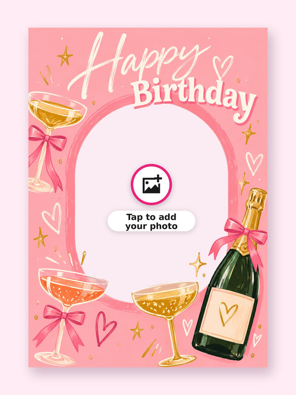 Pink Fizz Birthday Cake Card with a space for your own photo