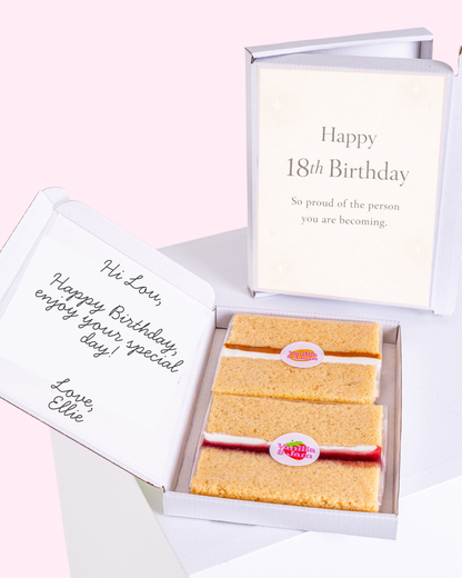 18th birthday cake card with heartfelt proud message and mini cake slices in gift box