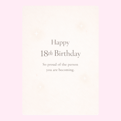 Elegant 18th birthday card with proud message and soft minimalist design