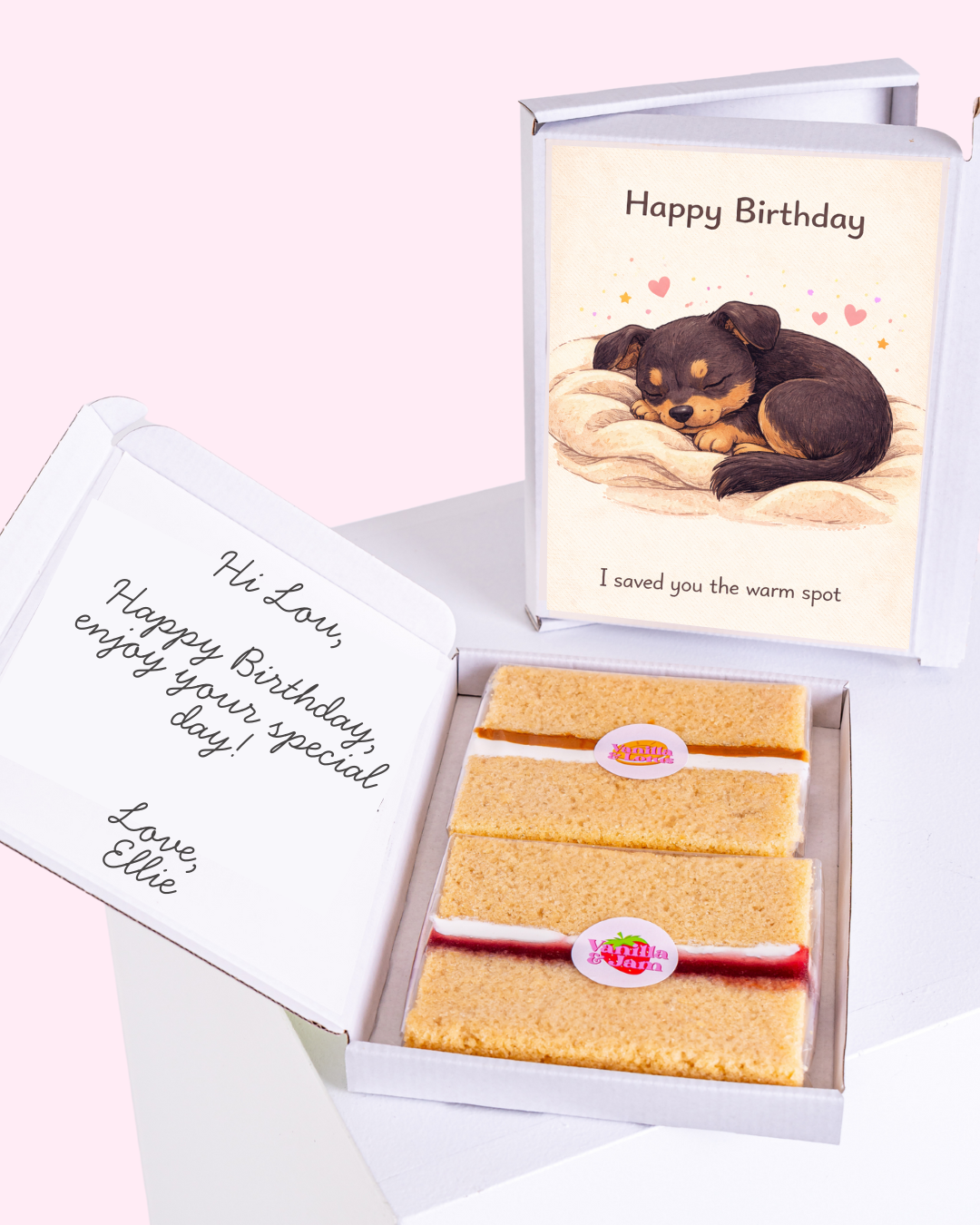 Birthday gift box with cake slices and cute sleeping puppy birthday card inside