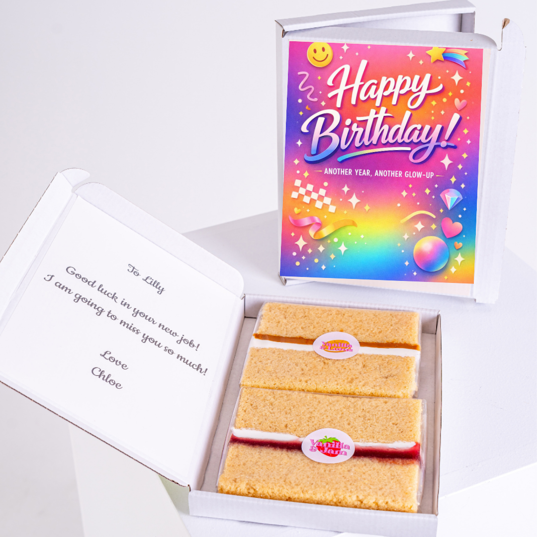 Rainbow happy birthday card with cake gift box