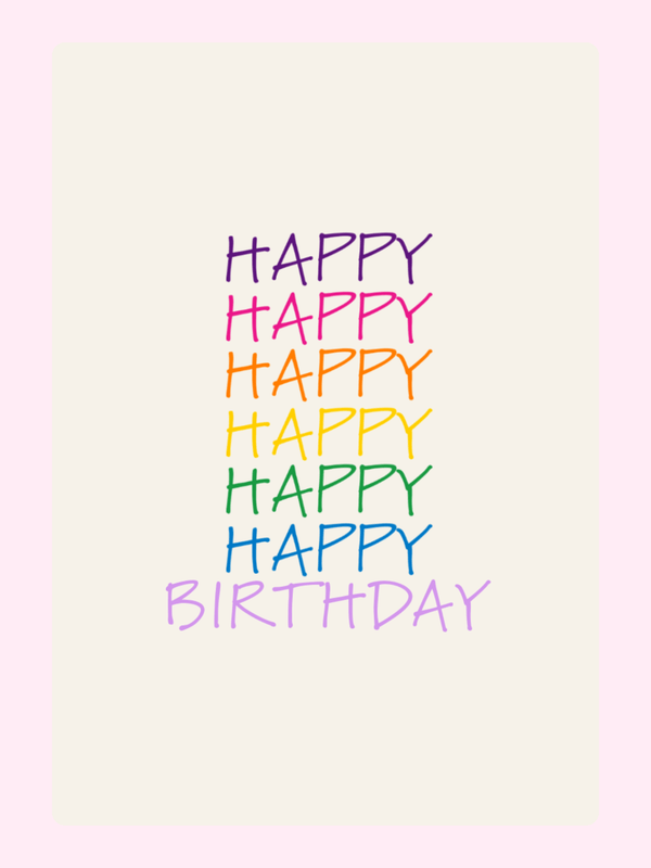 Rainbow-colored "Happy Birthday" card with stacked letters