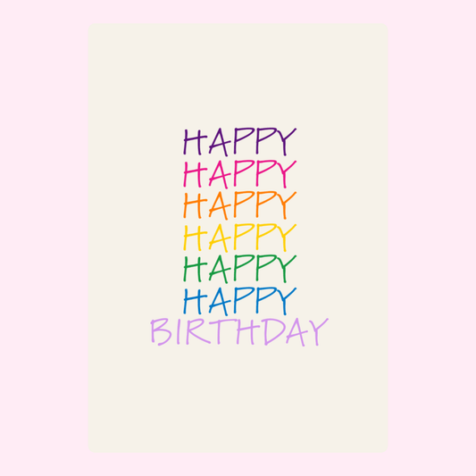 Rainbow-colored "Happy Birthday" card with stacked letters