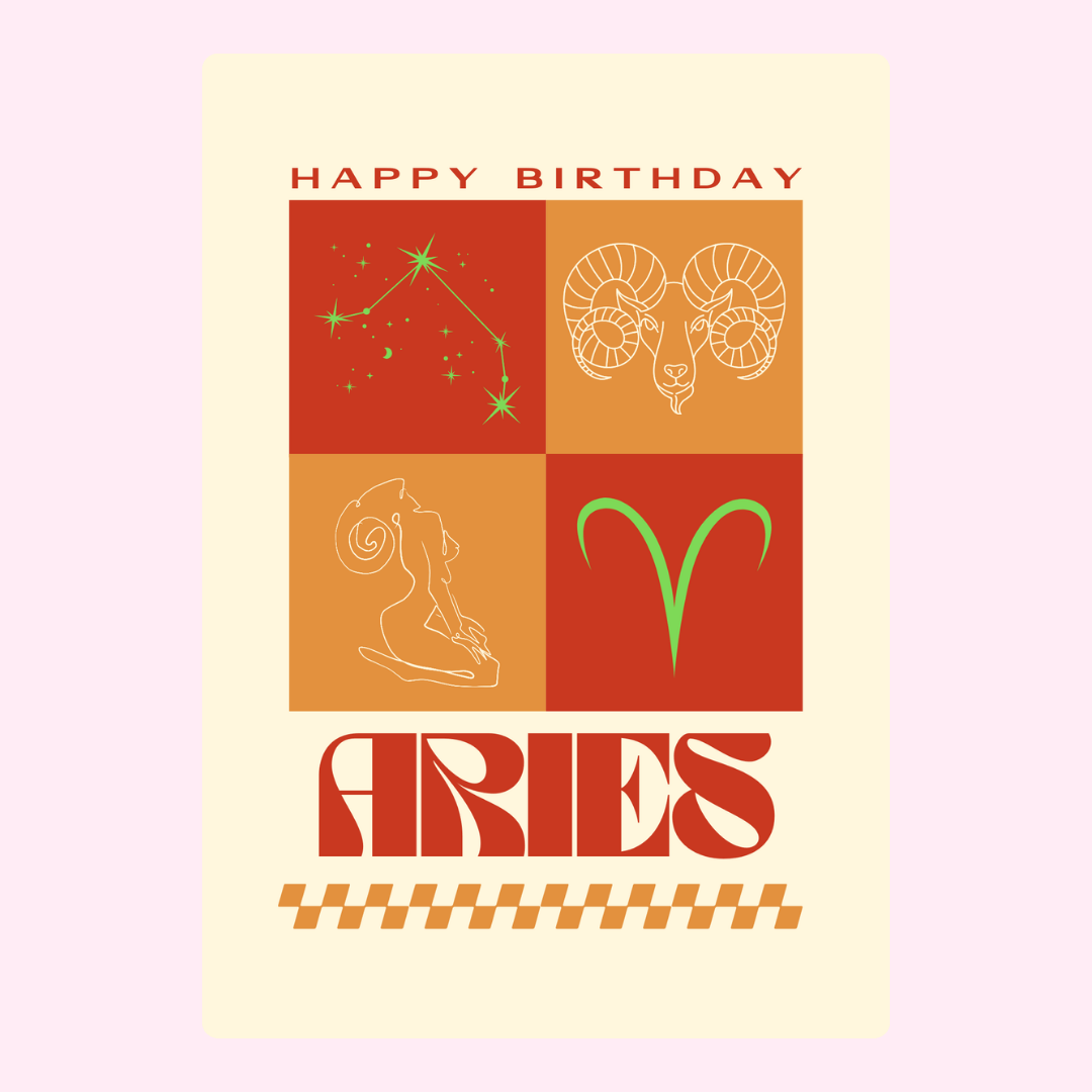 Vintage inspired Aries birthday card with zodiac icons, ram illustration and retro typography design