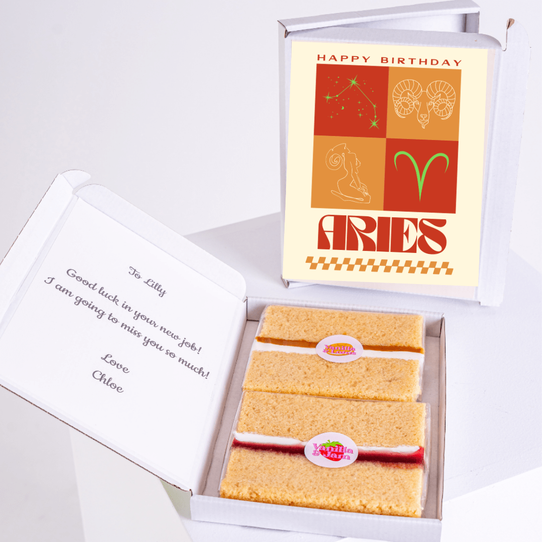 Retro Aries birthday cake gift box with zodiac symbols, constellation artwork and vintage style design