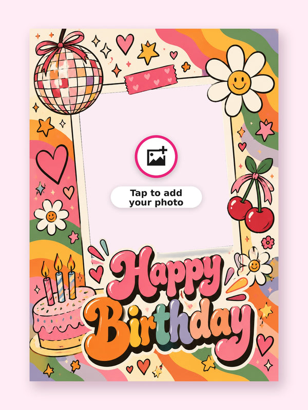 Retro Photo Frame Birthday Cake Card with a space for your own photo