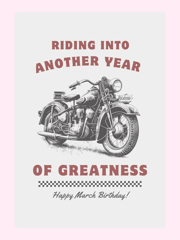 Retro motorcycle happy March birthday card with vintage typography and classic bike illustration