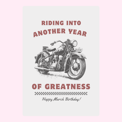 Retro motorcycle happy March birthday card with vintage typography and classic bike illustration