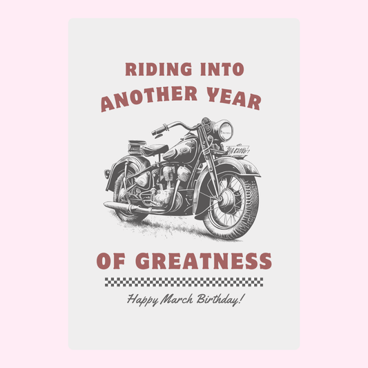 Retro motorcycle happy March birthday card with vintage typography and classic bike illustration