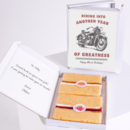 Vintage motorcycle themed March birthday cake gift box with retro happy birthday card design