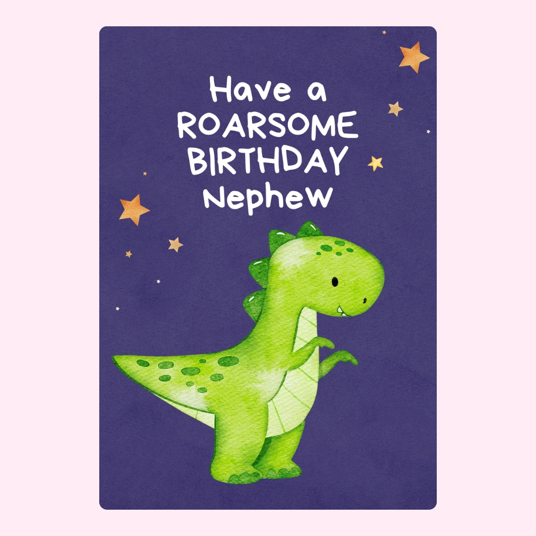 Roarsome birthday nephew card with green dinosaur and stars on purple background