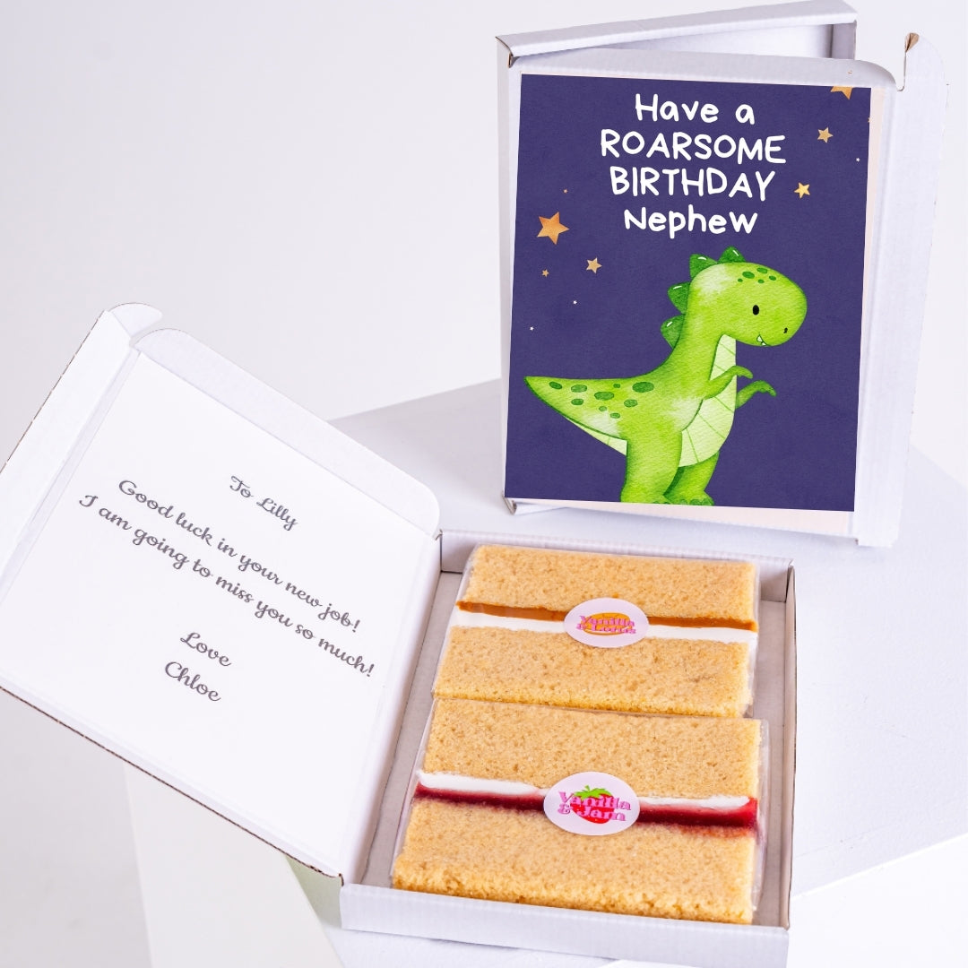 Roarsome birthday nephew letterbox cake gift with cute green dinosaur illustration
