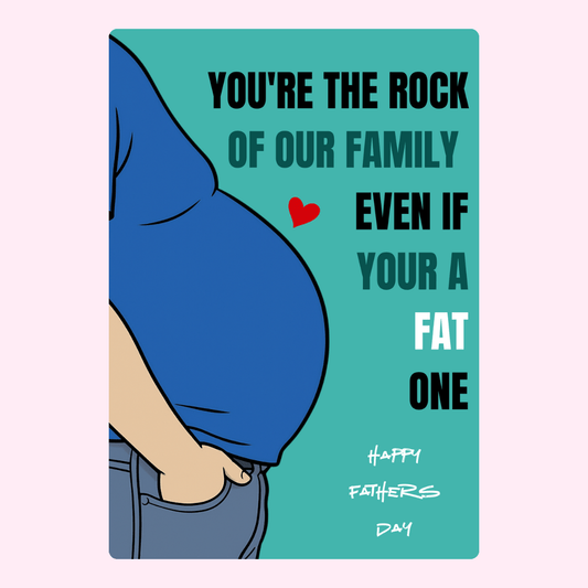 Humorous Father's Day card with cartoon dad belly illustration and cheeky family joke message