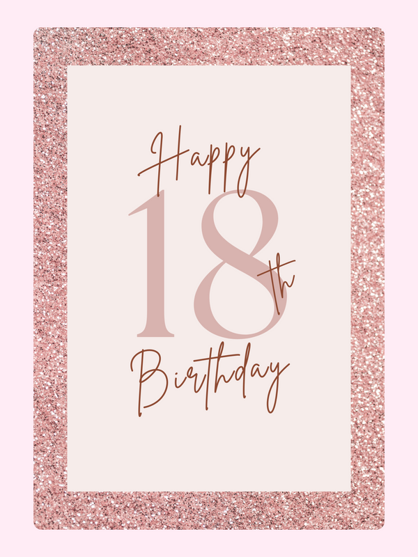 Elegant 18th birthday card with rose gold glitter border and minimalist text design