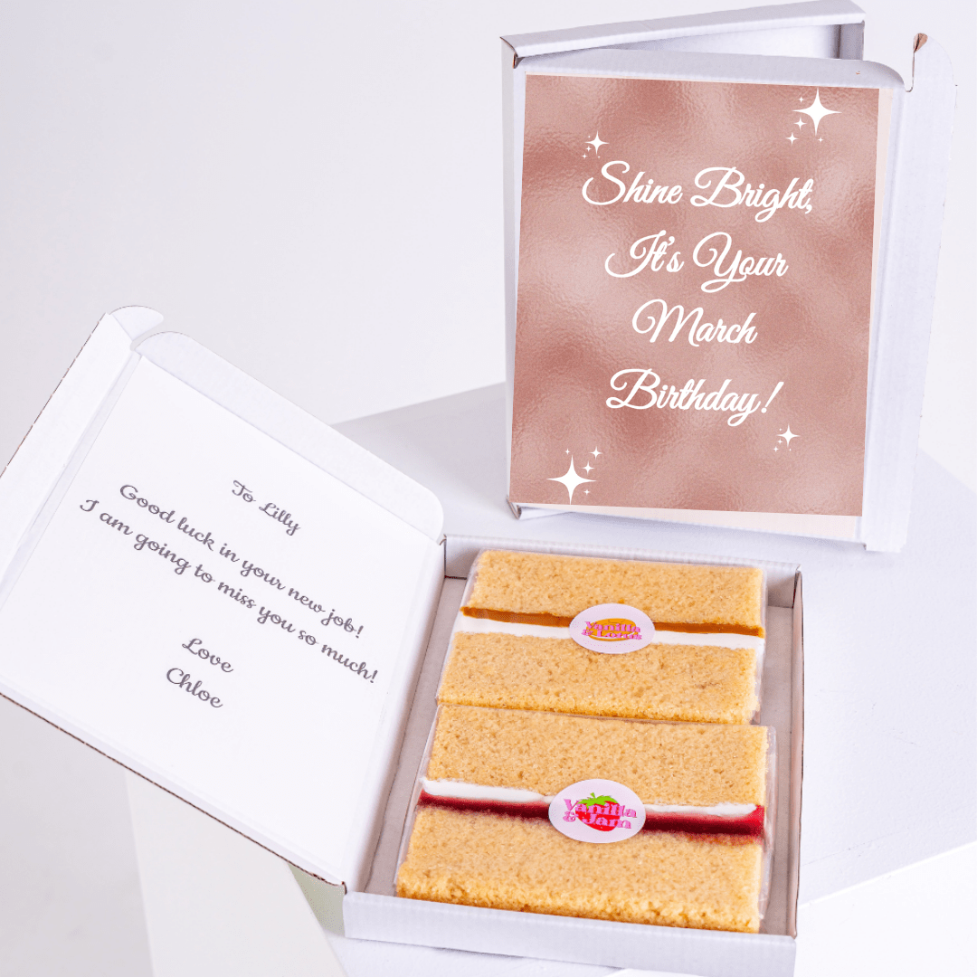 Shine Bright It’s Your March Birthday edible cake gift box with personalised message and vanilla sponge cake slices